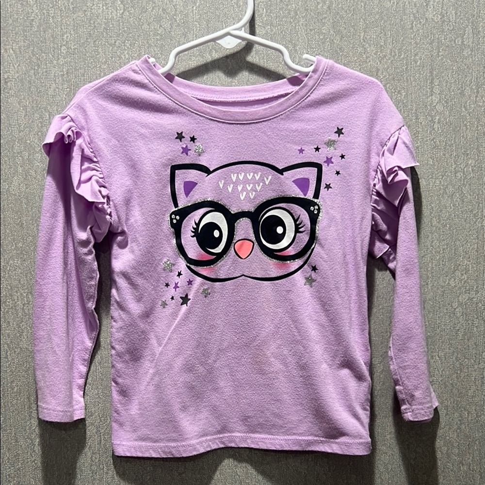 Purple Long Sleeve Tee with Cat Face Print and Ruffled Sleeves